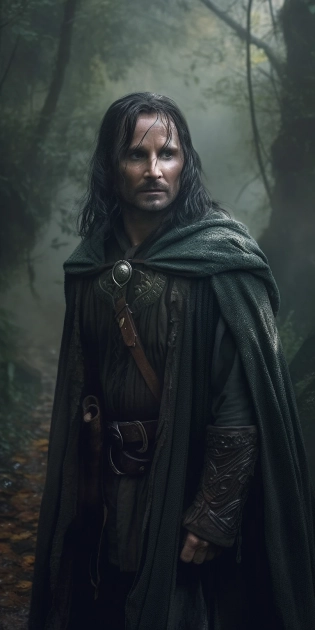 glamour shot of Aragorn, morbide, dark, very detailed, rendered in octane, wet, dense atmospheric, epic, dramatic, empty, creepy, trail cam footage, photorealistic, hyperornate details, Lord of rings, John Tolkien, photographed by Irakli Nadar and Reylia Slaby --ar 1:2 --q 2 --v 5 --s 750