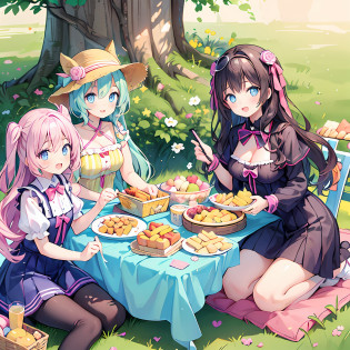 masterpiece, (2girls and 2girls and 2girls and 2girls at picnic), idol, big eyes, kawaiitech, kawaii, cute, pastel colors, best quality, happy, deep background, symmetrical, tilted head, summer