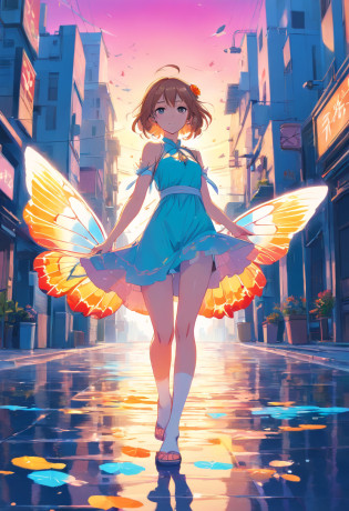 full body portrait front view, negative tarot white background, hyperdetailed intricate colorful rose graffiti silhouette vector background, sunshine, natural light, very strong front light, masterpiece best quality hyperdetailed ultra realistic colorful flat color pastel mix 2.5D 1 anime cute tall very skinny beautiful girl, hyperdetailed intricate flat color flying fluffy symmetrical glamorous red and pink short hair, white stocking, colorful flat color symmetrical fairy wings, butterfly hair ornament, flower hair ornament, sandal, locket, walking, masterpiece best quality hyperdetailed colorful white cotton cocktail long dress, blue sea water splash in circle at feet, sunshine on face, head light, front light, windy, album cover art, clean art, colorful, symmetrical, 2D vector art, 2D illustration art, flat color art, 128K resolution, glamorous, digital art, digital painting, colorful ink illustration, hyperdetailed sharp focus, digital illustration, perfect composition, vibrant, golden ratio, rose graffiti, flat color art, digital watercolor painting,