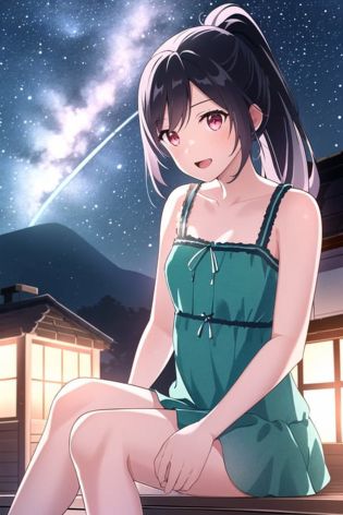 tifa lockhart, final fantasy vii remake, (red eyes), 1girl, bare shoulders, aqua dress, black hair, green dress, sleeveless dress , sundress, house, long hair, night, night sky, open mouth, outdoors, ponytail, sitting, sky, sleeveless, sleeveless dress, star (sky), starry sky, town, aged down, small breasts, ((white frills)), (white dress), 

<lora:tifa_lockhart:0.6>