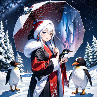 Arctic Circle?drift ice??with animal?a person?White bear with long black hair and snowflake-shaped hair ornament and beautiful snow woman talking on drift ice?Red Japanese umbrella?White Japanese Clothing?penguin?White Nights?Aurora?Stars of the Galaxy??milkyway??masterpiece?realisitic?Photorealsitic