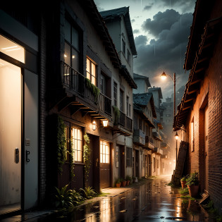 (Armageddon)?Dilapidated city?Plants climbing all over the walls ?Night?raining heavily?Black rain?Dilapidated streets?Dimly lit alley??gloomy lighting??relic?(Dilapidated buildings)?(Uninhabited city)