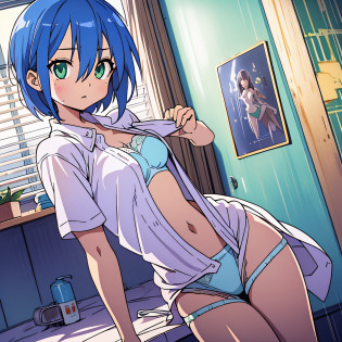 Minami Iwasaki?{{{Sheer underwear}}}?{{Wet skin}}?{{Wet clothes}}?(masterwork)?(best qality)? (ultra- detailed)?(the best illustration)?Emerald hair?Shorthair?Hanging eyes? (grabbing own breasts:1.2)? looking a viewer,Perfect body?15yo? (extremely delicate and beautiful)?Fine detail?hotel?inside room?bathroom?All naked?towel?lighting?Hajirai?steam?uniforms?cool