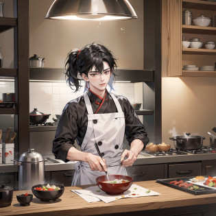 Anime chef in restaurant kitchen, short black hair, showing lots of food, best chef, cooking show, computer screen, tanjiro sickle, handsome guy in demon killer art, chef, inspired by Bian Shoumin, cooking, inspired by Chen Daofu, inspired by Cao Zhibai, inspired by Pan Tianshou, inspired by Wujun Shifan