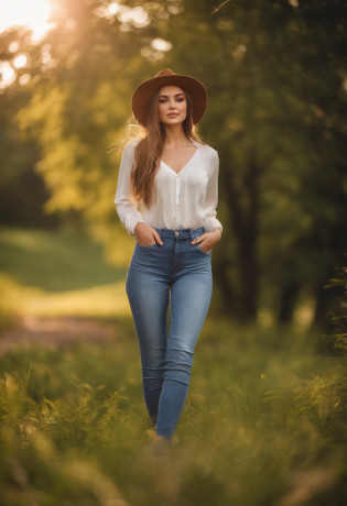 Cute girl 24 years old with brown white hair lightly made up, Of course, foto, hat eine enge jeans an mit einem triko als oberteil, full body,