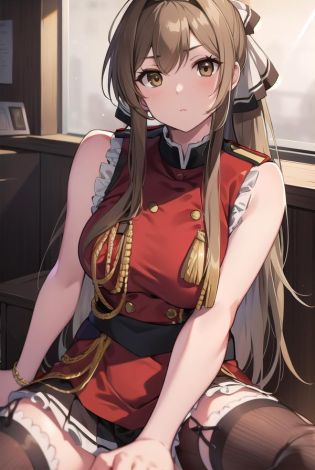 isuzusento, <lora:isuzusentotest:1>, 
isuzu sento, ahoge, (brown eyes:1.7), light brown hair, long hair, ponytail, hair ribbon, ribbon, (medium breast:1.2),
BREAK aiguillette, ankle boots, black ribbon, black skirt, boots, brown footwear, cross-laced footwear, frilled skirt, frills, jacket, lace-up boots, military, military uniform, pleated skirt, (red jacket:1.5), skirt, thighhighs, uniform, white thighhighs, white ribbon, buttons, (sleeveless:1.5),
BREAK looking at viewer,
BREAK indoors, classroom,
BREAK <lora:GoodHands-vanilla:1>, (masterpiece:1.2), best quality, high resolution, unity 8k wallpaper, (illustration:0.8), (beautiful detailed eyes:1.6), extremely detailed face, perfect lighting, extremely detailed CG, (perfect hands, perfect anatomy),