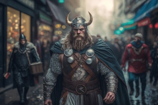 Thor god viking walking on the streets of European city with actual people around him cinematic, ultraphotorealistic, HDR, 8k,