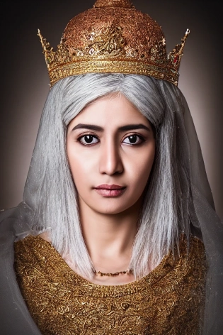 portrait of islamic queen | gold crown | white hair | sad look | centered | key visual | highly detailed| 8k | cinematic | 50mm portrait photography, hard rim lighting photography--beta --ar --beta --upbeta
