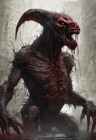 A painting of a demonic creature with a bloodied face and a bloodied head, carnage, Sci - Horror Art of Fiction, Science fiction horror artwork, inspired by Aleksi Briclot, Crocs de carnage, Horror fantasy art, par Aleksi Briclot, Horror concept art, venin, Art fantastique et horreur, Detailed illustration of 4K horror, Demonic creature, Dark Fantasy Horror Art