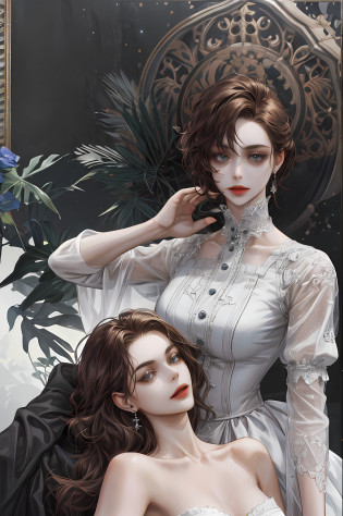 ( Absurd , High quality , ultra detailed, careful with hand ) 2women , lesbian couple , height difference , One of our characters treating the other as their doll , domestic pose , Nude