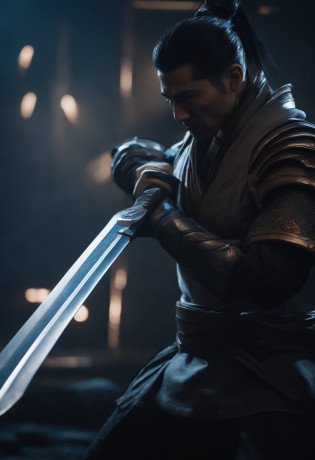 Create an artistic representation of Yasuo in your Project skin, with a futuristic aesthetic and its tech-laden blade, Kinematic, 8K realista