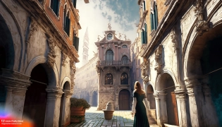 Adobe Fireflya+beautiful girl entering old alley in venice, in the 16th century, majestic buildings, wide angle mastershot, intricate details, rich reliefs, detailed face, realistic anatomy, highly detailed, 8k_art, backlighting, pastel