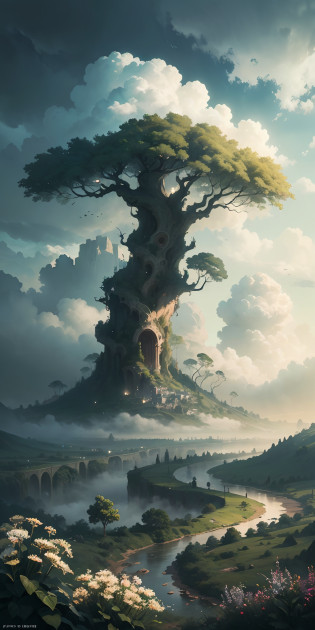 Masterpiece, 8K?Best quality, Studio lighting,White wildflowers?Cloudy, dense fog?The world tree looming in the distance and the town under the tree?jungles?Small rivers, lighting