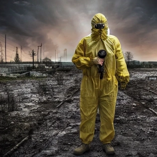 Chernobyl STALKER hazmat suit holding artifact in hands, dark sci-fi, soldiers in background, Prypiat city, full perspective, dusk, unreal engine