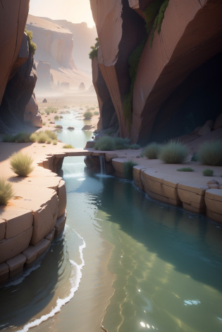 the Extremely Detailed CG Unity 8K Wallpapers??tmasterpiece???best qualtiy???ultra-detailed???Ultra photo realsisim???best character detail?1.36??Nikon D750 f / 1.4 55mm?dynamicangle?profesional lighting?photon maping?Radio City?physically-based renderingt?A desert?Great desert?oasis in the desert?An oasis with flowing water