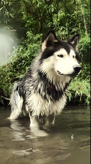 There is a dog that is standing in the water, photo of No or, pelo molhado, River in front of you, Husky siberiano, husky, husky dog, Lobo cinzento escuro O'Donnell, Big No or, Husky em armadura brilhante, olhar orgulhoso, No or, vista deslumbrante, Pelo enlameado, No or furry, um bonito, Foto de perfil, a No or anthropomorphic