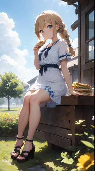 sandwich?Bread with white bread?Ingredients are ham, cheese, lettuce and tomatoes?It is topped with mayonnaise and mustard?The sandwich is cut and?Cross-section is visible?The sandwich is on the plate.?Served with napkins, forks and knives? girl with?Her hair is blonde and long.?Braided?The face is round and cute?Clothes in white and blue dresses?Has a floral pattern?Shoes in white sandals?Ribbons are attached to the ankles?The girl is sitting?I have a sandwich in my hand.?Eating happily? scene?There is a beautiful scene floating in the background.?Blue sky, white clouds, green meadow and colorful flowers?The scene is softly painted like a watercolor painting.?It has a dreamy atmosphere?The scene expresses the imagination and sensibility of the girl?Pubic hair shows through?(Beautiful bare pubic hair) ,more_Details:1.5, (More and more_Details:1.9)?
