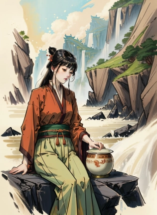 ancient china mythology, traditional style, greg rutkowski, bashful queen, isekai fantasy, wuxia genre, sitting at a table, (highly stylized artstyle), landscape, painterly 2. 5D