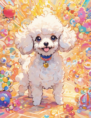Experience the whimsical world of Naoki Saito through this enchanting Toy Poodle illustration. Naoki Saito's distinctive style is characterized by vibrant colors, intricate details, and a touch of surrealism, and all these elements converge to bring this artwork to life.

In this mesmerizing piece, the Toy Poodle is transformed into a magical creature, its fur adorned with a kaleidoscope of vibrant hues that burst forth from the canvas. Saito's meticulous attention to detail creates a sense of depth and texture in the Poodle's fluffy coat, making you want to reach out and touch it.

Set against a backdrop of fantastical landscapes and dreamlike scenery, the Toy Poodle becomes a fantastical companion, inviting you to explore this captivating world. Naoki Saito's masterful use of color and composition draws you into a narrative that's both playful and profound.

This artwork not only celebrates the beauty and charm of the Toy Poodle but also invites you to embark on a visual journey through the imagination of one of today's most visionary artists. It's a delightful fusion of canine elegance and surreal wonder that's sure to captivate art enthusiasts.

Bring a touch of magic and artistry into your life with this Toy Poodle illustration in Naoki Saito's style, and let it transport you to a world where dreams and reality intertwine,