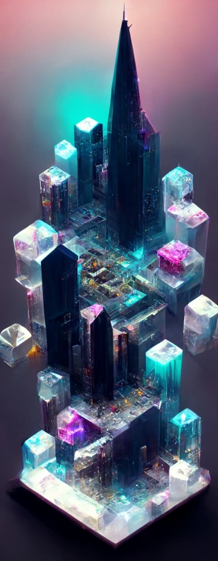 cyberpunk city made of crystals, isometric 3d, realistic render, minimalism --ar 1:3
