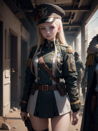 Destroyed towns,3 Ukrainian girls , Ukrainian anime girls , , Ukraine ,  Full body composition of young girl with messy bright blonde hair, eye make up, 13 year old,  Soft lighting, Solo, Old torn dirty shabby futuristic military uniform, badges, Pose, Blotch color, Octane Render, Hyperrealistic intricate detail, Cinematic, 8K resolution, 70mm, Accent Lighting, Global Illumination, Full body portrait, clean detailed faces, intricate clothing, Cute face, flat chest, Slim waist, Slim legs, small hips,Major's uniform,Major's hat,Holding a handgun,Long jacket,Carrying a cloak,actionpose,Fancy Action,