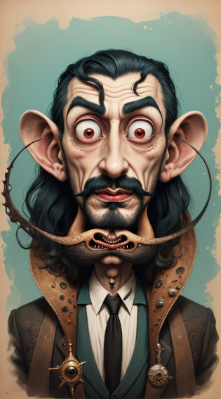 Pintura de un hombre con bigote, inspired by Salvador Dal�, in the style of Salvador Dal�, inspired by Dal�, Dal� Style, inspired by Dal�, Salvador Dal� style, Estilo de caricatura, Anton Semenov, inspired by Salvador Dal�, inspirado por William Gropper, Alice Cooper como Marilyn Manson, caricatura, Emil Melmoth