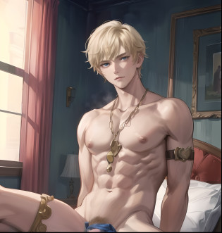 Busty anime guy sitting on bed, Handsome anime pose, Tall anime guy with blue eyes, male anime character, Anime handsome man, Delicate androgynous prince, handsome guy in demon killer art, Key anime art, male art, Beautiful androgynous prince, skinny male fantasy alchemist, portrait of magical blond prince, Beef Cake Pose, blonde guy