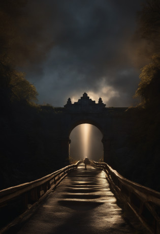 Scene: An old stone bridge stretching over a deep chasm. Half of the bridge is shrouded in darkness and storm, representing 