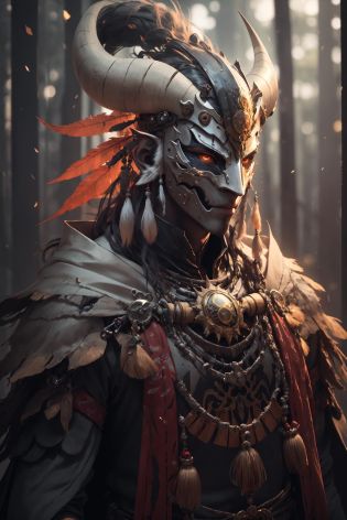 <lora:sh4g0d-000008:0.7> shaman, wearing mask made of wood, portrait
