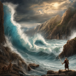 Craft a photorealistic scene portraying the biblical account of Noah parting the sea using a staff. Depict Noah standing at the water's edge, holding a staff high above his head, as towering waves split apart on either side of him. Capture the immense scale and power of the water as it forms a dramatic corridor, showcasing the forceful separation of the sea. Utilize lighting to emphasize the divine nature of the moment, with rays of light breaking through the clouds and casting an ethereal glow. Convey the sense of awe and reverence that this miraculous event elicits, while highlighting Noah's pivotal role in fulfilling a divine purpose.