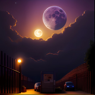 (best quality), full moon over a city with a fence and trees, street moon landscape, moonlit purple sky, moonlit nightscape, city street on the moon, (moon in the background), moonlit night, nighttime moonlit, moons in background, late evening night scene, city,hyperdetailed, moonlight,hyperrealism,realistic