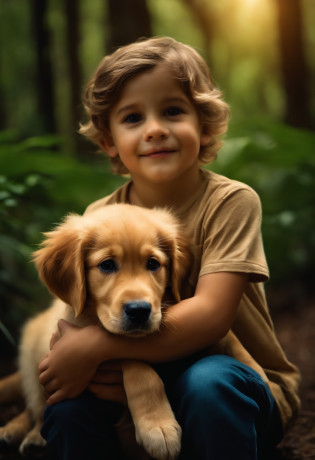 Um lindo menino de 8 anos, de olhos cor de mel, holding a Golden Retriever puppy, em uma floresta, imagem ultrarealista, realista, 8k