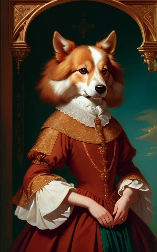 anthropomorphic animal wearing a medieval dress, peter Morbacher, Anthony Van Dyck, Aleksi Briclot, Alexandre Cabanel, dark background, gothic, insanely detailed, concept art <lora:flags:1>