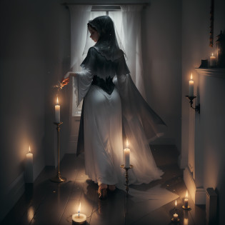 [10:38, 14/06/2023] .: It was a dark night when a mysterious woman, wearing a white veil that contrasted with her gloomy gaze, entered that dark and empty room. Her footsteps were silent and determined as she made her way toward the only source of light present: the candle that struggled to keep itself lit.
[10:39, 06/14/2023] .: As she approached the candle, the woman knelt down, respectful at the flame's effort to continue shining in that darkness. Gently, she blew out the candle, thanking him for his persistence in lighting the way, if only for a brief moment. The woman knew that the candle could not remain lit for much longer and that it was inevitable that darkness would once again dominate the room.
[10:39, 06/14/2023] .: As she got up and walked away from the place, the woman looked back where the candle had been. His eyes sparkled with the twinkling lights of the flame, reflecting his anguish and pain. She deeply understood the suffering of the candle in her lonely struggle to illuminate a dark world. He knew that the candle could not continue to shine indefinitely and that, despite his efforts, it was destined to go out on its own.
[10:40, 14/06/2023] .: The woman departed, taking with her the image of the candle in her gaze and the pain of knowing that the soft and welcoming light was bound to disappear. However, his visit brought a moment of recognition and gratitude for the courage and endurance of the candle in facing the darkness. Even if it was only for a moment, the candle illuminated the woman's life and left an indelible mark on her heart, reminding her of the importance of finding beauty and hope in the midst of transience and pain.