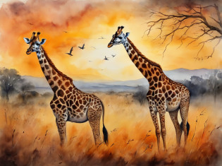 painting of two giraffes in a field with trees and sunrise, landscape artwork, african savannah, african steppe, african landscape, savannah, detailed gouache paintings, watercolor painting style, detailed watercolor painting, watercolor detailed art, oil paintings, african plains, watercolor painting , watercolor painting, watercolor on canvas, detailed paintings, watercolor art, landscapes