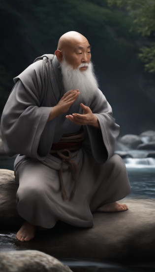 Imagine Zen old monk, A high-ranking monk, Gray robe, largeeyes, Smile and meditate, Face the camera, Full body photo, Frontal photo, The background is alpine flowing water, Chinese wind, the detail, Cinematic light, High quality --ar 3:4[Pictures], ?.?.3D, surrealism, Cinematic lighting, hyper HD, Super detail, Textured skin, hyper HD, ccurate, Textured skin, High details