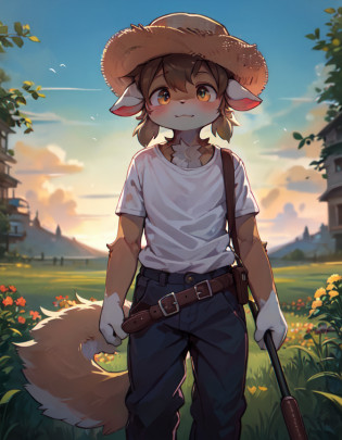 ((solo)), charming scene of a (Anthro furry) (goat_boy:1.5),(brown_fur:1.5),
The Anthro furry goat boy has a short, messy hairstyle with light brown hair that matches the color of his fur. His fur is soft, fluffy, and creamy white with light brown spots on his arms and legs. He has small, round ears with light brown tufts of fur on the tips. His big, clear eyes are a light shade of blue and have a noticeable sparkle to them, giving him an innocent and charming expression. 
His hands have soft, white fur on the back and light brown pads on the palms with short, blunt claws that are perfect for gripping his cane. He is standing on a lush green hill with a clear blue sky in the background, and there are small wildflowers scattered around him. His shepherd's outfit consists of a light brown tunic, brown pants, and brown boots. He has a brown belt around his waist that holds his cane and a small pouch for his belongings. 
As he stands on the hill, he looks out into the distance, lost in thought, with a gentle smile on his face. The warm soft lighting gives him a gentle and tranquil appearance, and the Stable Diffusion AI captures every detail, from the softness of his fur to the intricate details of his outfit.
(fluffy_goat_hooves), (goat_horn),fluffy_litte_goat_tail,standing on a hill, overlooking a valley, detailed_fluffy_fur,tuft,(body_fur),oil_skin,(skin_with_fluffy_fur),(animal_nose),animal_ear_fluff,fluffy_paws,pawpads,animal_hand,flowers, ((cute, innocent, detailed face, big round eyes)), warm soft lighting, 8k, SFW, spring, serene, hires,  dressed in a shepherd's outfit with a straw hat and a cane, standing with one leg crossed over the other, looking at something in the distance, while holding the cane with one hand and the hat with the other, as if lost in thought. <lora:furryArtStyleBy_v10:1:0,0,0,0,0,0,0,0,1,1,1,1,0,0,0,0,0>
