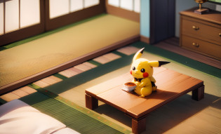 Pokemon art style,In a Japanese-style living room full of traditional Japanese atmosphere, Little Pikachu and Big Pikachu enjoy dinner together. The d�cor of the living room is simple and elegant, with soft tatami mats on the wooden floor, creating a warm and comfortable atmosphere.  In the corner of the living room, a low coffee table is placed on which a fine tray is placed. On the tray are some green rice dumplings, which are cute in shape, wrapped in a selection of glutinous rice and sweet fillings. Each zongzi is tightly wrapped in green leaves, and the details are exquisite and mouth-watering.  Little Pikachu sat on the floor, picked up a green rice dumpling with interest, and bit it down with his small mouth. With a look of contentment and joy on its face, it is full of love for food. The big Pikachu sits next to the little Pikachu, smiling and watching it enjoy the food, conveying the emotions of love and companionship.  The background of the living room is filled with a harmonious atmosphere, with flowers and traditional Japanese paintings decorating the walls, adding to the artistic atmosphere. On the tatami mats are some washi utensils such as soy sauce bottles, wooden chopsticks, and tea bowls, revealing the details of a traditional Japanese dining table.  The painting shows Little Pikachu and Grand Pikachu enjoying a meal together, as well as their time together in a cozy Japanese-style living room