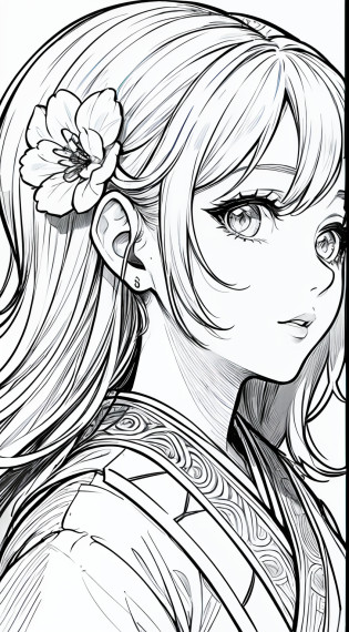 obra-prima, acura, boneca, solo, hanfu, cabelo longo, perfil close-up, fundo de desenho de linha de flor, fundo branco, monocromatic, desenho de linha, ((sketchfab))obra-prima, melhor qualidade, Monochromatic Magical Adventures, in sky