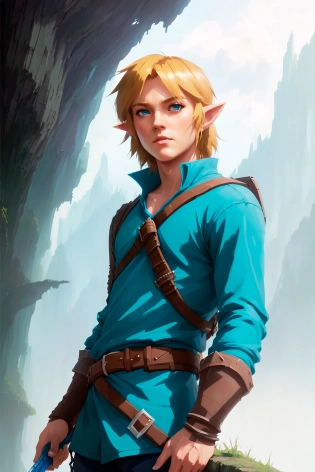 an award winning poster of link from legend of zelda, 1man, (blue clothes), fantasy ambiance, link, modelshoot style, (extremely detailed CG unity 8k wallpaper), professional majestic oil painting by Ed Blinkey, Atey Ghailan, Studio Ghibli, by Jeremy Mann, Greg Manchess, Antonio Moro, trending on ArtStation, trending on CGSociety, Intricate, High Detail, Sharp focus, dramatic, photorealistic painting art by midjourney and greg rutkowski