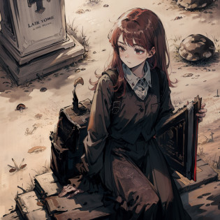 Beautiful and aesthetic,, Solo,Cute,Red hair,pleatedskirt?Dance?burial site?grave stones?Cogumelos?Mushrooms?Huge mushrooms?spore?(glowing ambiance, enchanting glow, luminouslighting, Ethereal atmosphere,Watercolor illustration, Perfect anatomy, Masterpiece, Best quality, 1girll, Loli,elementary student,bookbag?Nature, landscape