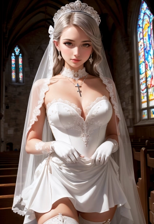 Modelshoot style portrait, Single girl, Solo, bride, (highres:1. 2), (pixiv:1. 1), (ligne claire:1. 2), perfect body, upper body, detailed pretty face, bust, extremely delicate and beautiful Features, beautiful detailed eyes, ultra-detailed iris, silver hair, | thigh boots, hips out. white gloves, maid headdress, necklace, hair bow, jewelry, perfect details, crown, earrings, jewelry, hair bow, red wedding dress, wedding ring, bridal veil, heart hair ornament, hair ornament, necktie, cross necklace, pendant, angel, maid headdress, red crystal, (skirt lift:1. 1), (undressing:1. 1), | depth of field, best quality, extremely detailed, depth of field, realistic lighting, church, ultra-detailed, detailed light , <lora:add_detail:1>, 16k, UHD, HDR, (Masterpiece:1. 5), (best quality:1. 5)