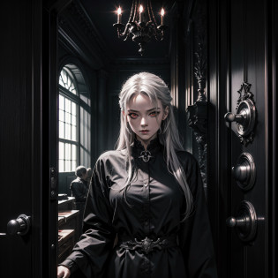 Hell's Door?Huge door?Jet-black door?Steel Door?Closed door?Guide to Female Butler?demon tattoo?Silver-haired?Bright red eyes?Fine-grained beautiful skin?Murderous gaze