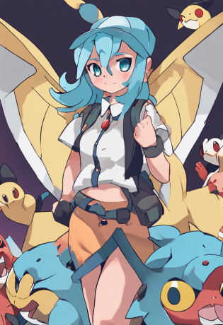 pokemon anime style, official art, pokemon trainer, pokemon art style, illustration pokemon, dawn from pokemon, official artwork, (best quality:1.2), 1girl, solo, (mature female:1.1), (perfect face), (full body), looking at viewer, solo, (happy:1.2), blue eyes, blue hair, dawn \(pokemon\), hair ornament, long hair, scarf, nude, (no panties:1.2), pokemon, generation 4, breasts