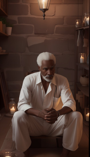 Crie uma imagem hiper realista de um homem velho afrodescendente, 100 anos, olhos brilhantes, cansados e triste, pele negra, barba grande e volumosa branca, cabelos  branco, roupa branca , Cord of seeds and teeth of animals around the neck, sitting on a small barefoot wooden bench. The decoration should be of antique brick wall with several lit candles, with candlelight lighting. Several candles lit on the floor, with a lot of smoke in an intimate and religious environment. Use a Sony A7 III camera with an 85mm lens at an aperture setting of F 1.2 para desfocar o fundo.  Richness in the features of the face, boca e olhos. Crie uma imagem ultrarrealista que captura a beleza natural e a personalidade, dramatic lighting, ..............................................3d, VFX, 9:16 cinematic lighting, Estilo Phock, Estilo UltraVector, hyper realistic, cinemactic, Ultra High Definition, HDR, cinemactic, Realistic, precision detailed (moldura para foto) cintura), imagem central, Estilo, bioluminescente, tamanho real 8, 8K resolution