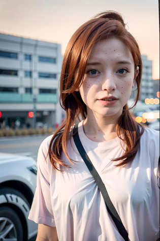 a 17mm ultrawide angle, portrait of a (redhead:1.2), freckles teacher, staying on the street of modern city, : white shirt : 18], slate atmosphere, lightroom, 35mm film, cinematic, dimmed colors, dark shot, muted colors, film grainy, lut, insane details, intricate details, hyperdetailed, closeup, twilight