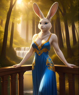 anthro, female, solo, mammal, lagomorph, leporid, (rabbit), anthrofied, soft face, kind face, alluring, bald, thin neck, ears down
whiskers, fur, tuft, (fluffy rabbit tail), detailed, (white fur), white body, blue eyes, bedroom eyes, multicolored body, multicolored fur, two tone body, two tone fur, (realistic fur, fur, realistic fur texture:1), ((detailed fluffy fur)), furry arms, furry hands
((masterpiece)), photorealistic, hyper realistic, ultra detailed, hi res, 3d (artwork), digital media (artwork), absurd res, uploaded on e621
[realistic proportions], [explicit content, adult, nsfw], [sharp focus], (cinematic lighting), (detailed lighting)
wide angle, full body, three-quarter perspective, beautiful woman, mixed race, (peacock inspired elegant detailed and modest Art Nouveau Evening Gown), posing, small breasts, small hips, intricate, high detail, 8k, dslr, hyper realism, outside, colorful scenic fantasy background, waterfall, forest, overlook, balcony, ambient light, golden hour, golden ratio, perfect lighting, (inspired by Alphonse Mucha), (masterpiece), (best quality), (detailed), (realistic), (8k)