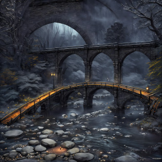 Computer, Extensive ultra photography (general view, bridge 1: 5, Scale, realistic fantasy, ultradetail, volumetric, detailed clarity, general view, detailed gloomy landscape, bridge arch, under the bridge, computer accuracy, 1: 2, 8kk, large beer barrel, fire pit, rags, bridge arch, bridge, (inscription new era legend),realistic fantasy, detailed, 1: 5, 4kk, three-dimensional picture, fire, fog, rain, river, night, darkness, effective In the foreground is a large beer barrel,  large stone bridge, bridge arch, gray, swamp colors (ultradetailed), bridge arch, bank under the bridge, steps, cobwebs under the pavement, large wooden barrel (1:2), made of wood (ultradetail), bridge arch, stones, river, dark, gloomy colors, horror, magic(best quality), 4k, ultra detailed, (dynamic composition: 1.4), high detailed, colorful details, (gloomy colors: 1.2), (luminous lighting, atmospheric lighting), cold, gloomy, magical