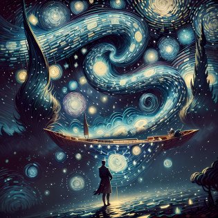 starry night painting of two people in a boat on a lake, james r. eads, van gogh art style, in the starry night, in style of van gogh, style of van gogh, van gogh style, starry night, by Van Gogh, style of van gogh starry night, van gogh painting, anton fadeev and dan mumford, floating among stars