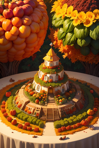 there is a large pile of vegetables on a table in the garden, harvest fall vibrancy, autum garden, vegetables, an island made of food, harvest fall vibrancy, , the goddess of autumn harvest, veggies, very surreal garden, wonderful compositions, beautiful Eden garden, wonderful masterpiece, ????